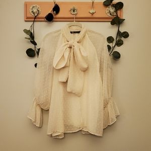 Zara | Tie Neck Blouse Ruffled Long Sleeve Textured Top Size L